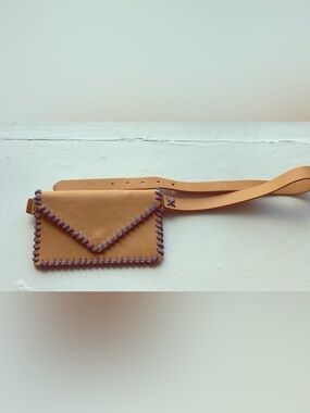 Rebecca Minkoff Tan Leather Envelope Belt Bag with Teal/Red/Orange Stitching